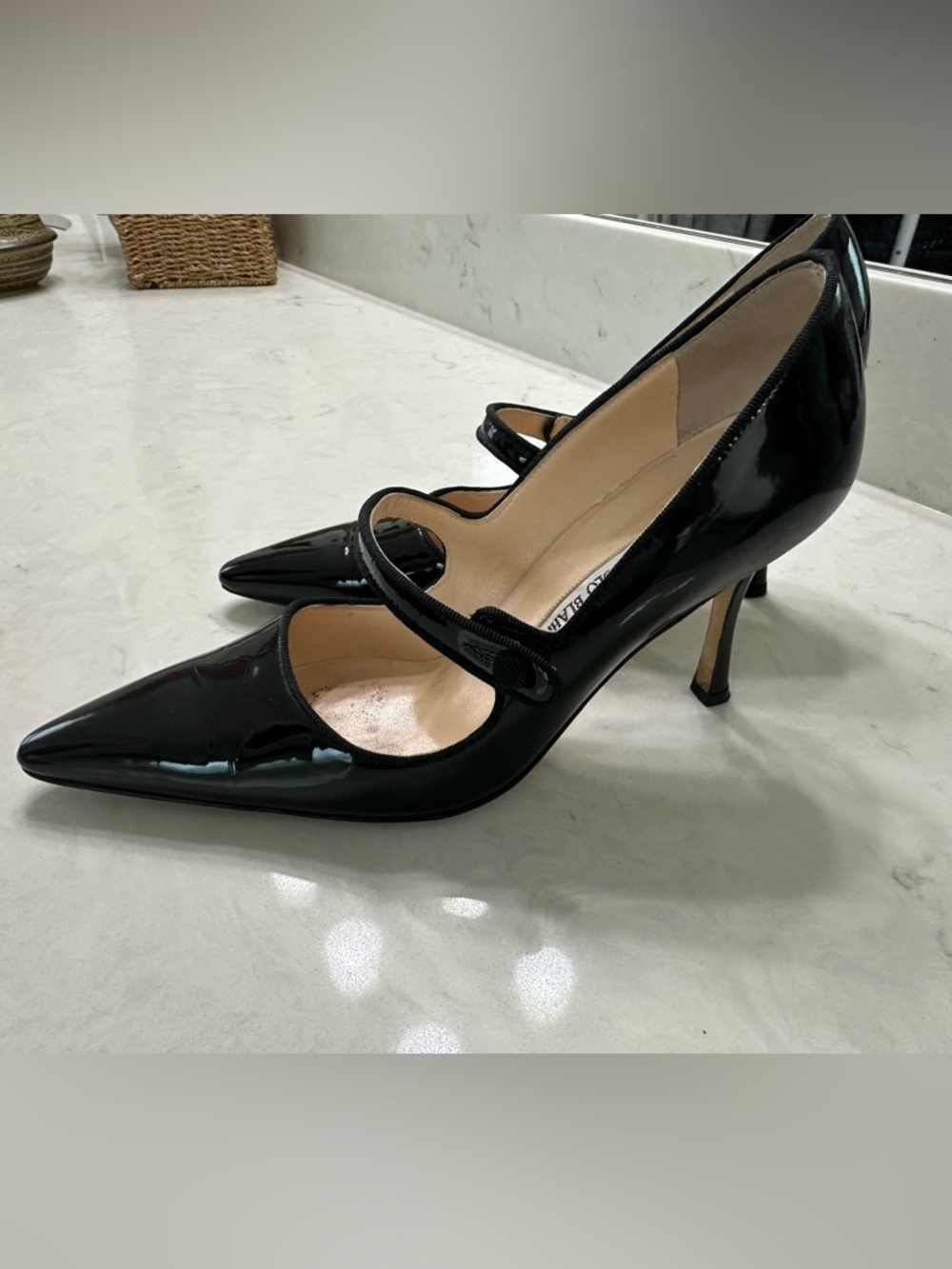 Manolo Blahnik Black Patent Mary Jane Pointed-Toe Heels